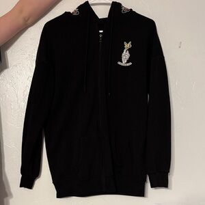 Black Zip-Up Hoodie with Embroidered Logo